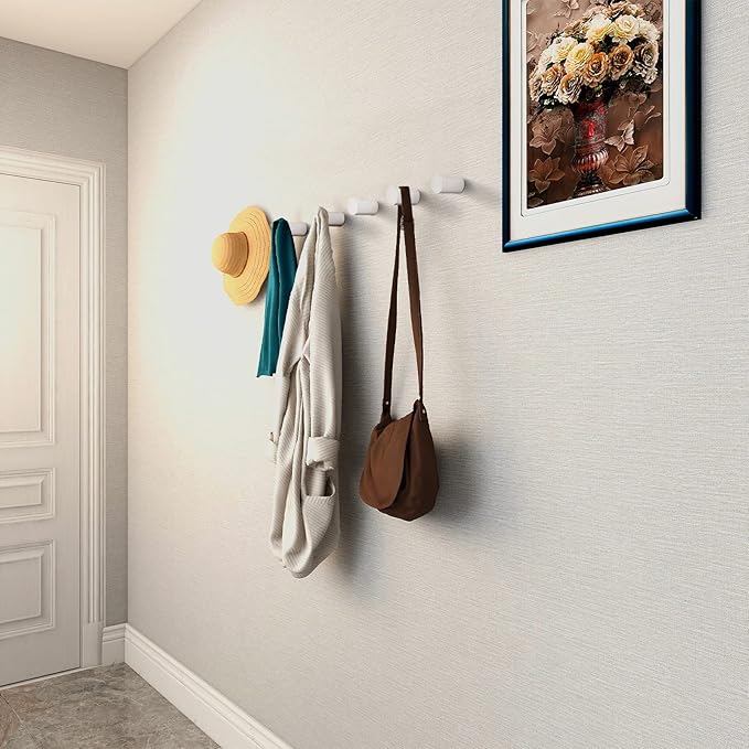 Wood Wall Hooks 6 Pack, Modern Decorative Coat Hooks Wall Mounted, Handmade White Hat Hooks Heavy Duty Entryway Wall Hangers for Hanging Towels Robes Purses (White)