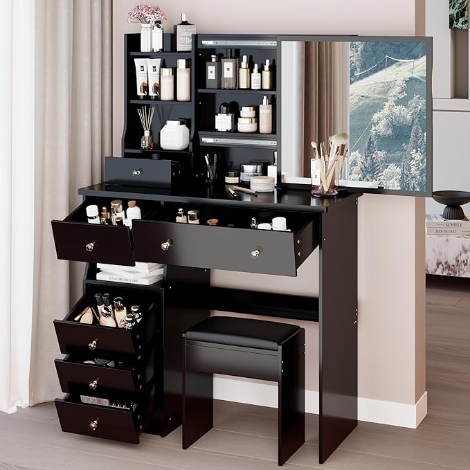 KEIKI Vanity Desk with Sliding Mirror & Cushioned Stool, 37'' Makeup Dressing Table Set for Bedrooms, Dorms, Apartments, Black