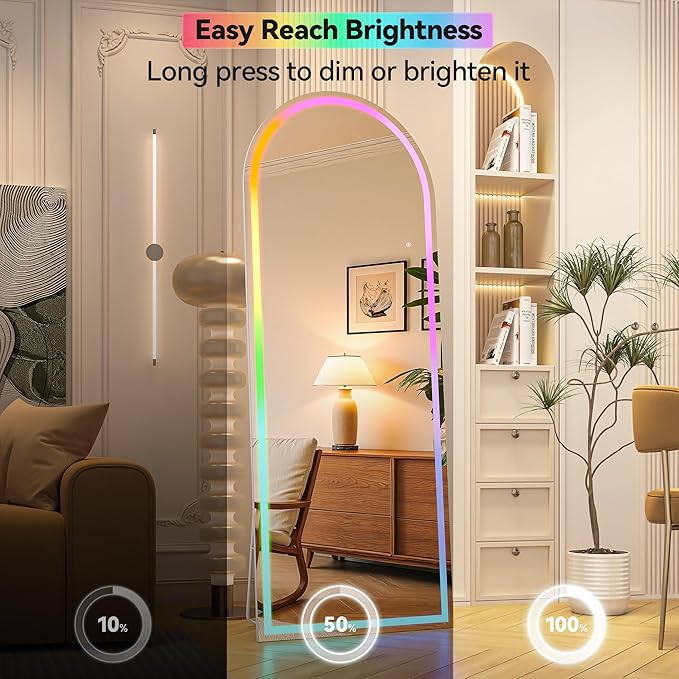 Hasipu 82.7" x 35.4" Arch LED RGB Bluetooth Full Length Mirror with Stand ＆ 7 Color Lighting Modes, Full Body Mirror with White Frame for Bedroom, Living Room, Dressing Room