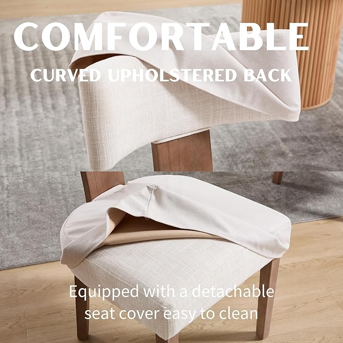 Upholstered Dining Chairs Set of 6 with Seat Covers, Modern Wooden Kitchen Chairs Fabric Side Dining Room Chair Farmhouse Dinner Chair, Beige