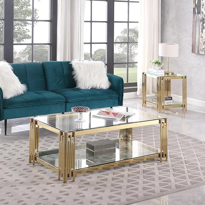 Goujxcy Glass Modern Coffee Table Set of 2 with Storage, Glass Top and Stainless Steel Frame, Living Room Table Set for Apartment Home Office