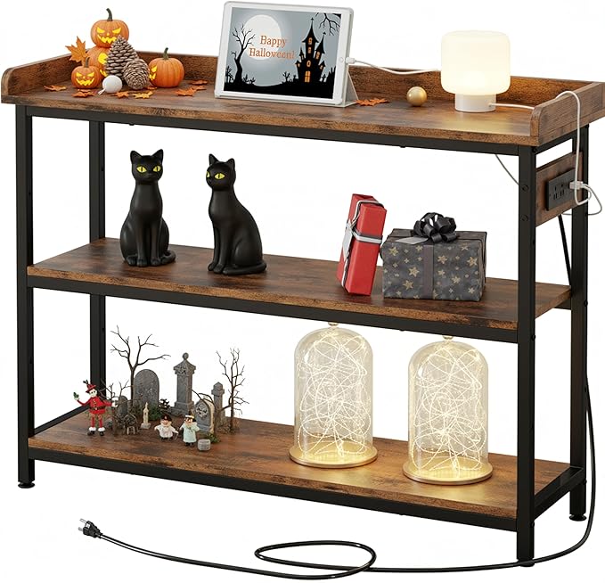 IRONCK Console Table, Sofa Table with Power Outlet, Farmhouse Hallway Table for Entryway, Living Room, Height Adjustable, Easy Assembly, Rustic Brown, 43"
