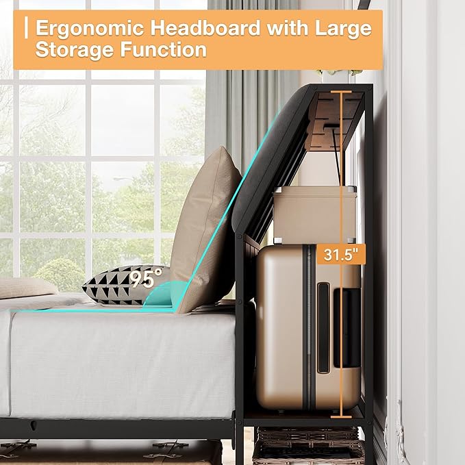 Queen Size Platform Bed Frame with Ergonomic Upholstered Headboard, Built-in Charging Station, Storage Headboard, Sturdy Metal Slats, No Box Spring Needed, Easy Assembly