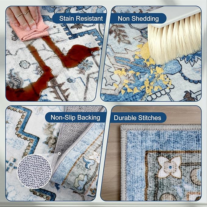 Area Rugs for Living Room 10x12 - Large Machine Washable Vintage Oriental Soft Rug, Low Pile Thin Carpet with Non Slip Backing for Bedroom, Dorm, Under Dining Room Table, Indoor House, Office Decor