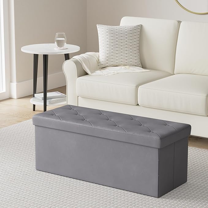 BRIAN & DANY 43 Inches Ottoman with Storage, Velvet Storage Ottoman Bench, End of Bed Benches, Folding Ottomans for Bedroom, Living Room and Entryway (Gray)