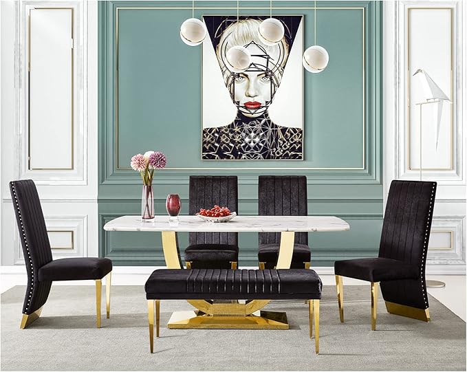 AUZ Black and Gold Dining Chairs Set of 4, Black Velvet Dining Room Chair with Nailhead Trim and Gold Polished Metal Legs, Luxury High Back Dining Chairs