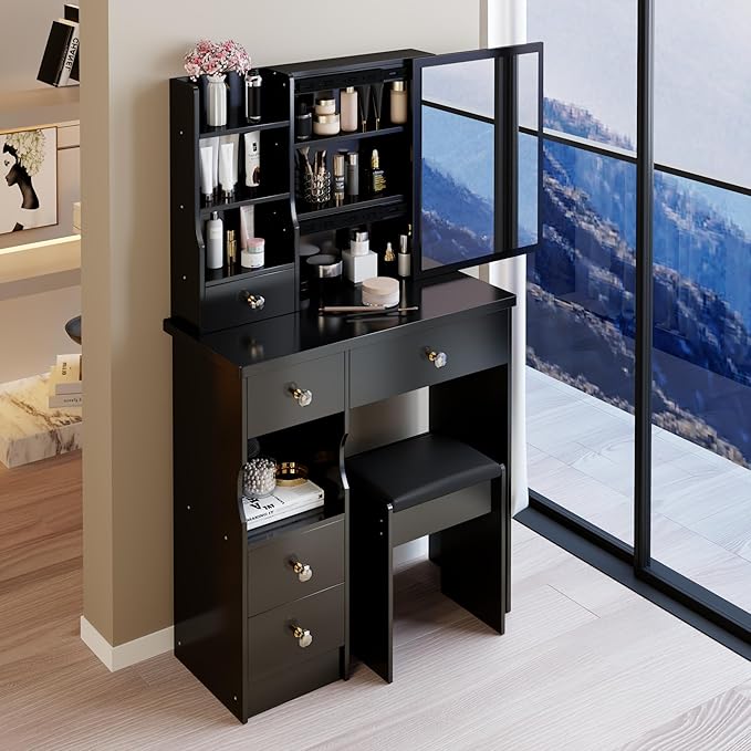 KEIKI Vanity Desk with Mirror & Cushioned Stool, 29.2'' Makeup Dressing Table Set with 5 Drawers for Tiny Bedrooms, Dorms, Apartments,Balck