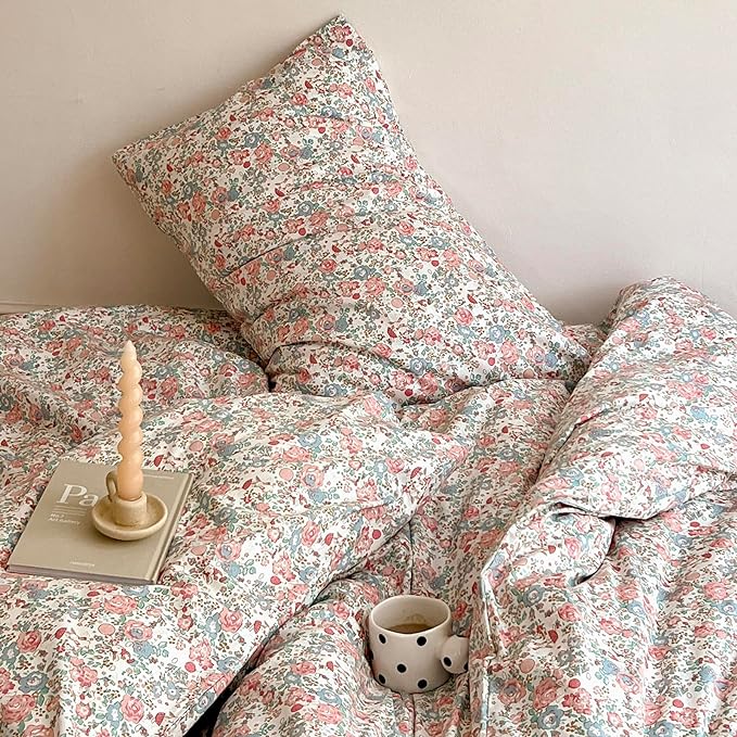 Boho Floral Duvet Cover Twin Soft Cotton Aesthetic Floral Bedding Sets French Style Pink Blue Flower Branches Duvet Cover Chic Shabby Garden Floral Comforter Cover Botanical Twin Size Bedding Sets