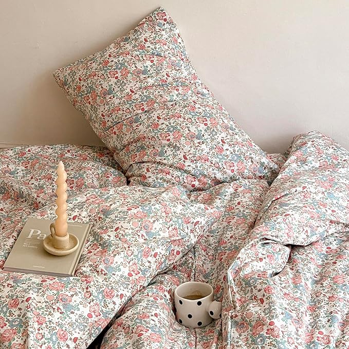 LIFETB Boho Floral Duvet Cover King Soft Cotton Aesthetic Bedding Sets French Style Pink Blue Flower Branches Chic Shabby Garden Comforter Botanical Size King(104/ inchsx90/ inchs)