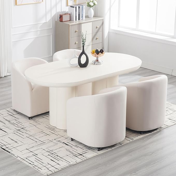 Set of 6 Modern Upholstered Dining Chairs with Swivel Casters, Linen Barrel Back Accent Side Chair for Dining Room Living Room, Beige