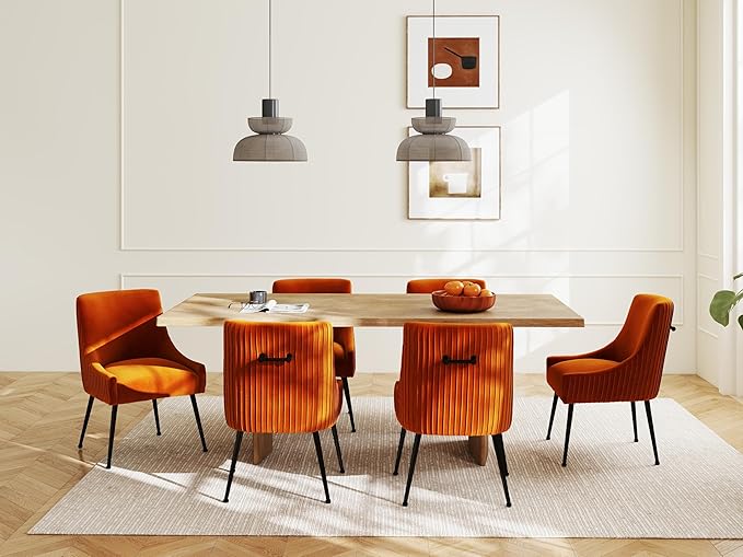 Velvet Dining Chairs Set of 4,Orange Upholstered Living Room Chairs with Black Metal Legs, Modern Tufted Accent Chairs for Living Room, Study Room, Kitchen