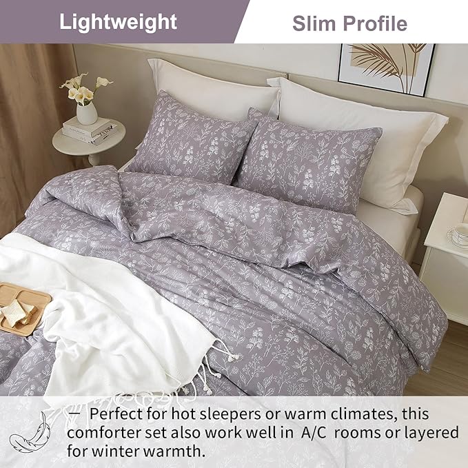 EAVD Botanical Floral Comforter Set Full Grayish Purple Soft Microfiber Chic Cute Garden Floral Bedding Comforter Set 1 Full Comforter and 2 Pillowcases Fresh Botanical Comforter for All-Season