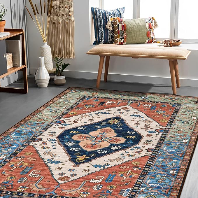 Lahome Boho 3x5 Washable Area Rugs, Small Non-Slip Bedroom Carpet Throw Low-Pile Rugs for Entryway Kitchen, Oriental Distressed Carpet for Bathroom Office Laundry Living Room, Rust