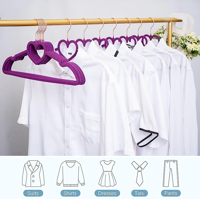Dark Purple Velvet Hangers 50 Pack, Premium Heart Hanger Non-Slip Felt Hanger, 360° Swivel Rose Gold Hooks, Space Saving Slim Hangar, Durable & Cute Clothes Hanger for Adult