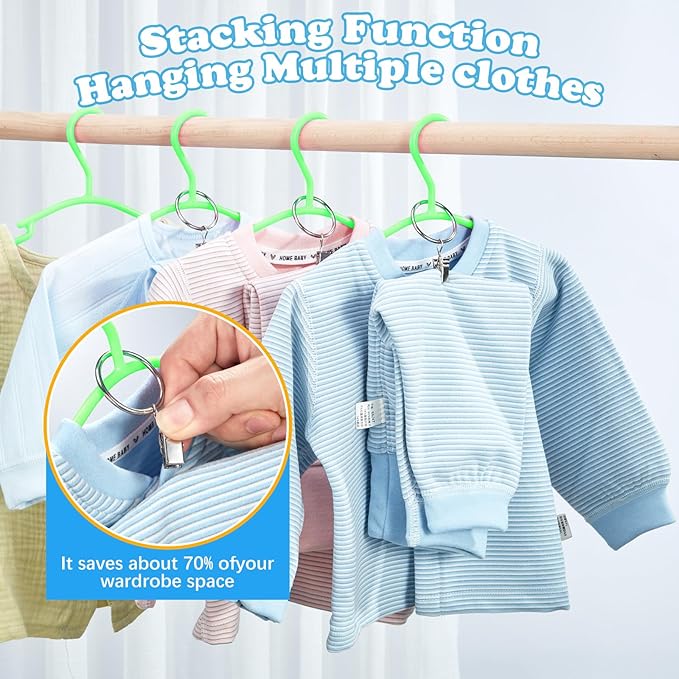 Baby Hangers with Metal Ring Clips, Children Plastic Hanger for Kids Pants Clothes Closet, 20 Pack, Green