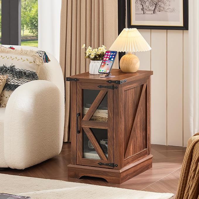Farmhouse Coffee Table Sets 3 Pieces, Narrow Night Stand with Glass Barn Door Storage, Large Coffee Tables with Hidden Storage Organizer, Wood Furniture Sets for Living Room, Office, Brown