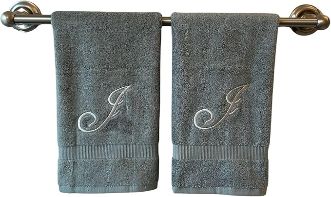 Gray Monogrammed Hand Towels for Bathroom - Luxury Hotel Quality Personalized Initial Embroidered Towel for Powder Room, Spa - GOTS Organic Certified - Set of 2 Silver Letter J