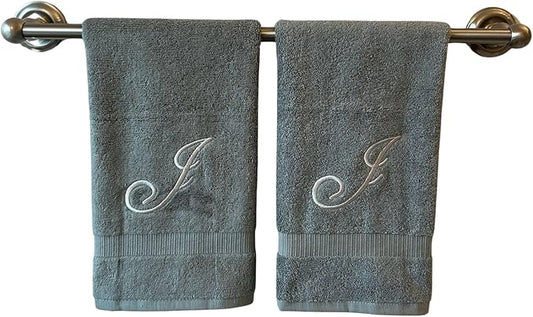 Gray Monogrammed Hand Towels for Bathroom - Luxury Hotel Quality Personalized Initial Embroidered Towel for Powder Room, Spa - GOTS Organic Certified - Set of 2 Silver Letter J