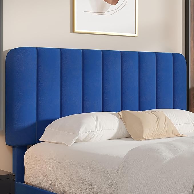 VECELO Queen Size Bed Frame with Upholstered Headboard, Velvet Platform Bedframe Mattress Foundation, Strong Wood Slat Support, No Box Spring Needed,Blue