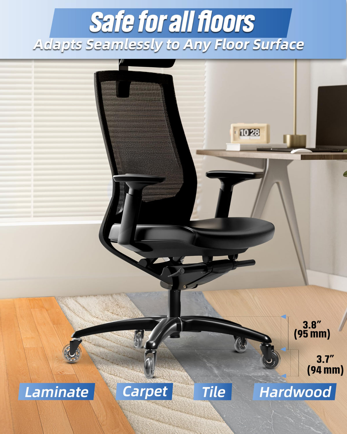 Sytopia 28" Heavy-Duty Office Chair Base Replacement with Wheels (Set of 5), Metal Base with Casters, Total Height: 7.5" (18.9 cm), Compatible with 2" Gas Cylinder