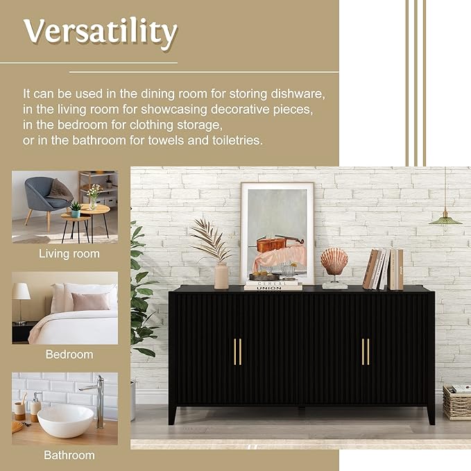 63 Inch Modern Console Table Sofa Table with 4 Doors and Metal Handles, Accent Buffet Sideboard Serving Storage Cabinet with Shelf for Living Room Kitchen (Black)