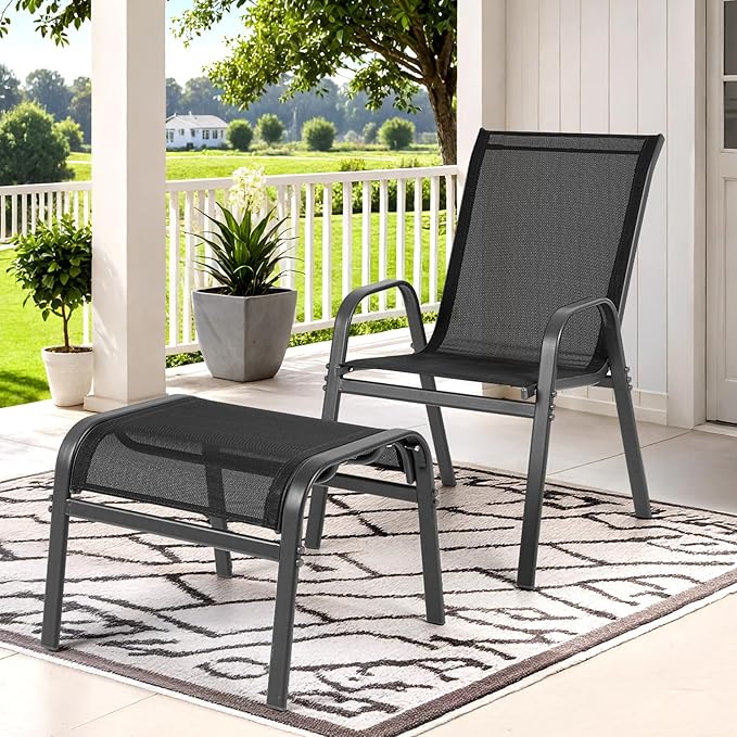 ONBRILL Outdoor Ottoman Foot Rest Set of 2, Textilene Fabric Outdoor Footstool with Tight Surface and Stable Metal Frame, Wide Use Outdoor Ottomans for Patio, Balcony, Poolside and Indoors, Black