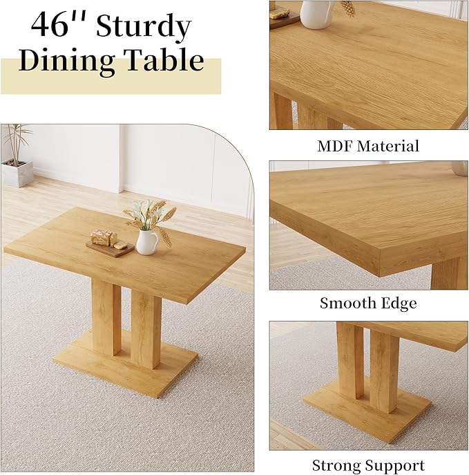 Dining Table Set for 4-6 People, 46 Inch Modern MDF Oak Kitchen Table with 4 Faux Leather Chairs, Rectangular Dining Room Table Set for Home, Small Spaces, Breakfast Nook (Oak Table + 4 White Chairs)