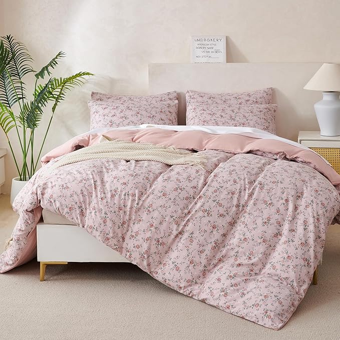 Floral Queen Comforter Set 3 Pieces Soft Cute Floral Bedding Comforter Lightweight Garden Style Queen Floral Botanical Comforter Set for All Seasons 1 Comforter and 2 Pillowcases