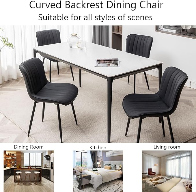 Leather Dining Chairs Set of 6, Upholstered Dining Room Chairs with Metal Legs, Modern Dining Chair for Dining Room, Kitchen (Black)