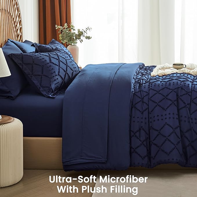 Navy Blue Tufted Comforter Set King Size 7 Piece Bed in a Bag,Shabby Chic Boho Comforter and Sheet Set,All Season Soft Microfiber Complete Bedding Set(Navy Blue,102"x90")