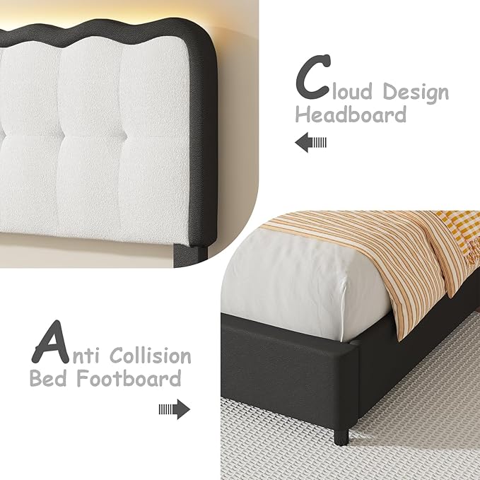 BarnFurin Twin Bed Frame with LED Lights, Twin Size Bed Frame with Cloud Headboard LED Lights, Upholstered Platform Bed with Cloud Headboard, No Box Spring Required, Easy Assembly, Black