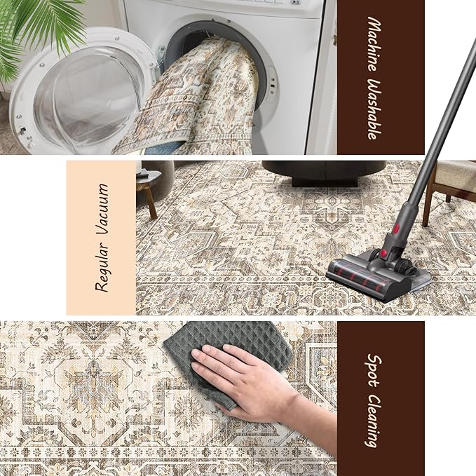 Machine Washable Soft Area Rug 8x10 Rugs with Non Slip Backing for Living Room, Bedroom, Bathroom,Printed Vintage Home Decor, Floor Decoration Carpet Mat (Coffee Beige 8x10)…