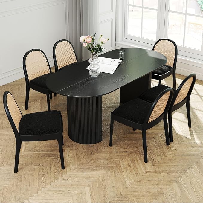 LukeAlon Modern Sherpa Dining Chairs Set of 4, Natural Woven Rattan Cane Back Side Chairs with Solid Wood Legs Mid Century Dinner Chairs for Kitchen Living Room, Black