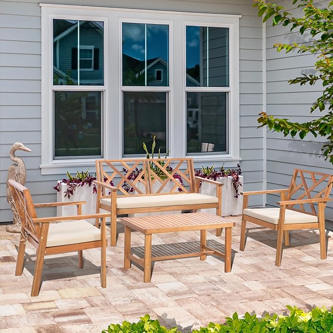Outdoor Patio Furniture Set, 4 Piece Patio Sofa Bench and 2 Single Sofa Chairs with Table & Padded Cushions, Acacia Wood Outdoor Patio Lounge Conversation Set for Deck Backyard Balcony