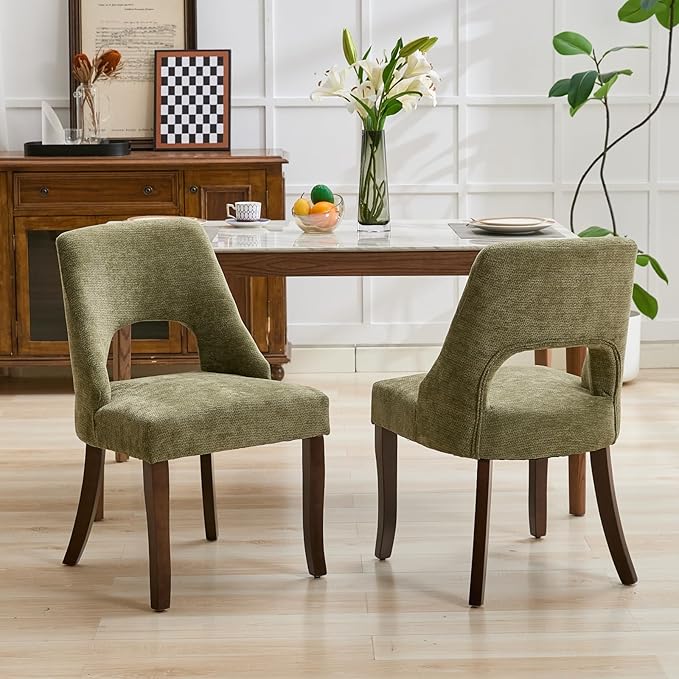 UVV Wooden Dining Chairs Set of 4, Mid Century Modern Chenille Upholstered Dining Room Chair Kitchen Chairs, Farmhouse Dinner Chair with Solid Wood Legs for Kitchen Dining Room, Green