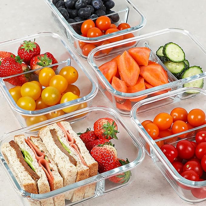 KOMUEE 30 oz 5 Pack Glass Meal Prep Containers 2 Compartments, Glass Food Storage Containers with Lids, Airtight Lunch Box, Microwave, Oven and Freezer Safe, Green