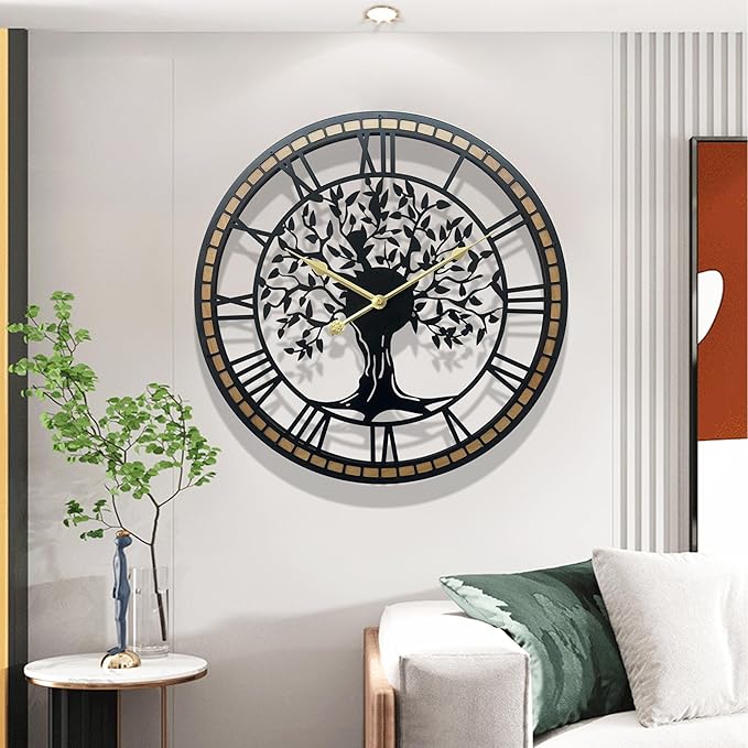 Large Wall Clock for Living Room Decor 18 Inch Tree of Life Metal Wall Art - Oversized Non-Ticking Battery Operated Silent Clock for Kitchen/Bedroom Home Decor