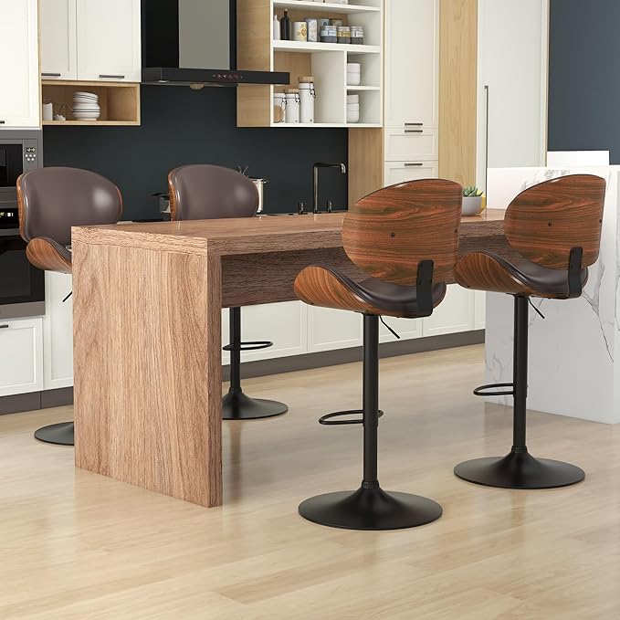 KCC Bar Stools Set of 2, Swivel Adjustable Height Barstools, PU Leather Upholstered Bar Chairs with Footrest, Bentwood Bar Stool for Kitchen, Bar, Dining Room(Brown PU)