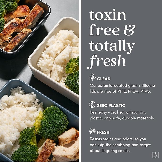 Ceramic Coated Glass Food Storage Container | No PTFE, PFOA, PFAS, and BPA | Reusable Non Toxic Meal Prep Container with Glass Lid | Easy To Store | 3 Cup Rectangle [Crema]