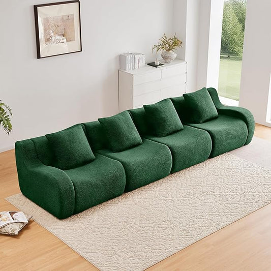 Green 4-Seater Cloud Couch, Modern Teddy Fabric Boneless Sectional Sofa in a Box for Living Room, Modular Floor Couch, Comfortable Deep Seat, No Assembly Required, Sofas para Sala