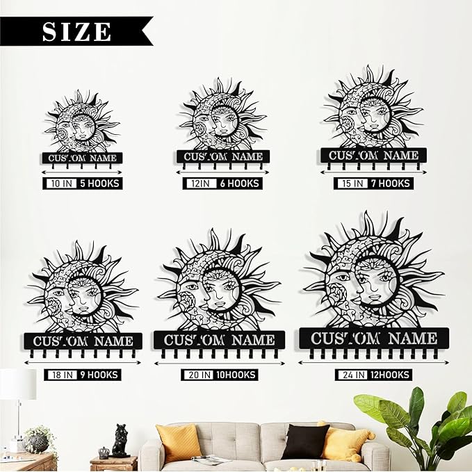 Personalized Moon Sun Key Holder Wall Mount, Custom Metal Key Holder for Wall with Name, Custom Keys Rack Hanger with Hooks for Entryway, Front Door, Hallway, Living Room, Kitchen