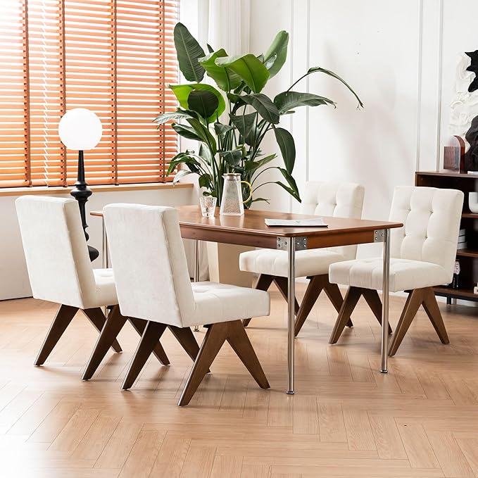 Rowill Modern Upholstered Dining Chairs Parsons Chair Linen Fabric Kitchen Chairs Tufted Armless Dining Room Chairs with Wood Legs Set of 4, Beige