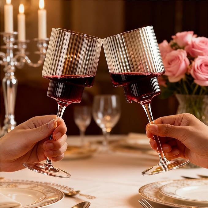 24PCS Ribbed Plastic Wine Glasses - 12oz Unbreakable Wine Glasses with Stem, Disposable Clear Plastic Champagne Cups with Ribbon for Party, Wedding, Poolside, Outdoor, Camping, Picnic