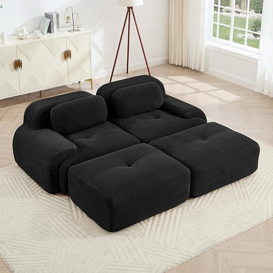 80" Modern Corduroy Boneless Love Seat Couches with 2 Ottomans, 2 Seater Large Sectional Couches for Living Room, Black Cloud Modular Sectional Sofa, Memory Foam, Extra Deep Loveseat, No Assembly