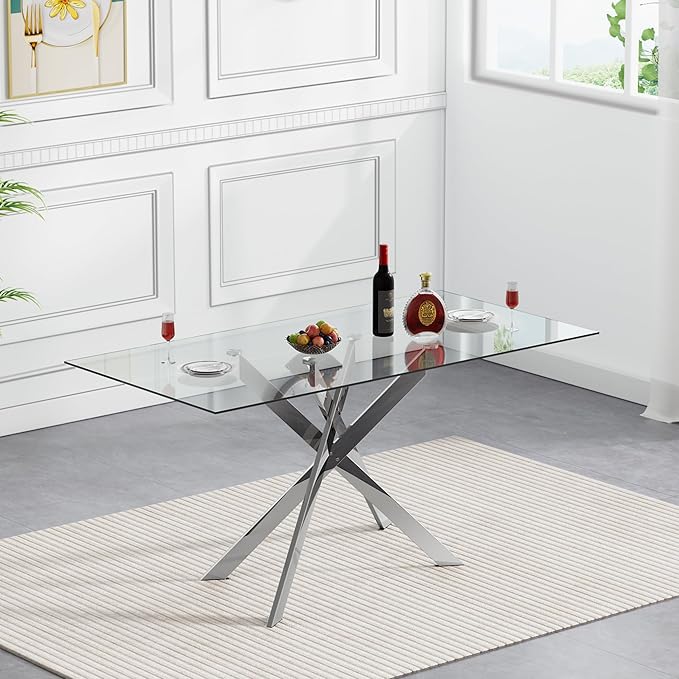 Goujxcy 5 Piece Glass Dining Table Set Modern Glass Dining Table Set for 4, 51" Rectangular Kitchen Table and 4 Velvet Upholstered Chairs for Kitchen Dining Room, Silver Table & Grey Chair