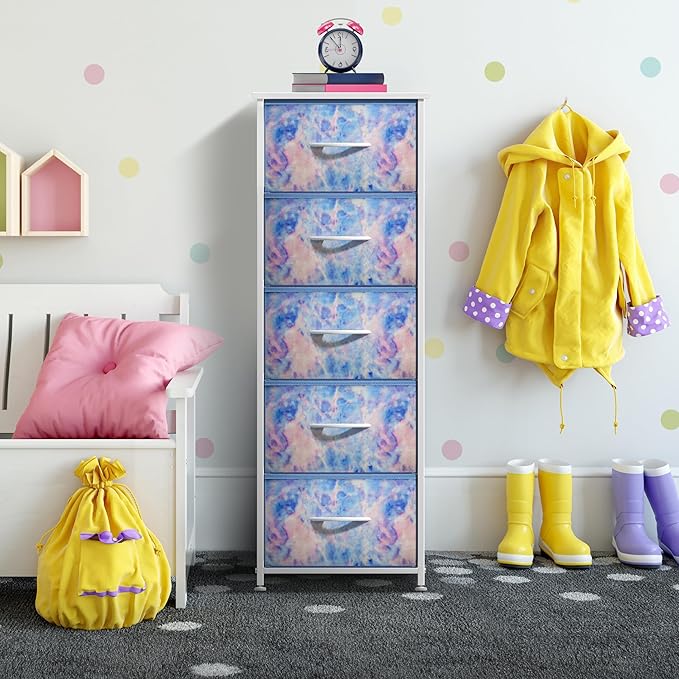 Sorbus Fabric Dresser for Kids Bedroom - Chest of 5 Drawers, Tall Storage Tower, Clothing Organizer, for Closet, for Playroom, for Nursery, Steel Frame, Fabric Bins - Wood Handle (Tie-dye Blue)