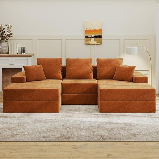 Living&Giving 101" U-Shaped Cloud Sectional Couch for Living Room, Cloud Boneless Couch-No Assembly with Reversible Chaise, Customizable 3-Seat Modular Sectional Sofa with 2 Ottoman, Orange