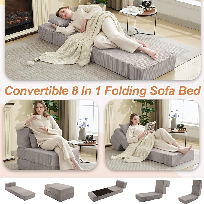 Folding Sofa Bed,Convertible Fold Out Couch,Portable Foldable Floor Mattress Sleeper Chair with Pillow,Adjustable Backrest Support,Lazy Sofa for Living Room,Single,Light Grey
