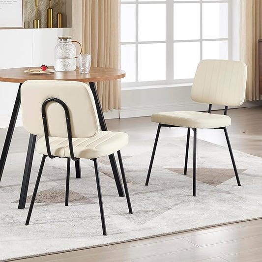 Dining Chairs Set of 2, Faux Leather Upholstered Dining Chairs, Mid Century Modern Kitchen Dining Room Accent Chairs with Curved Backrest and Steel Frame for Living Room, Vanity - White