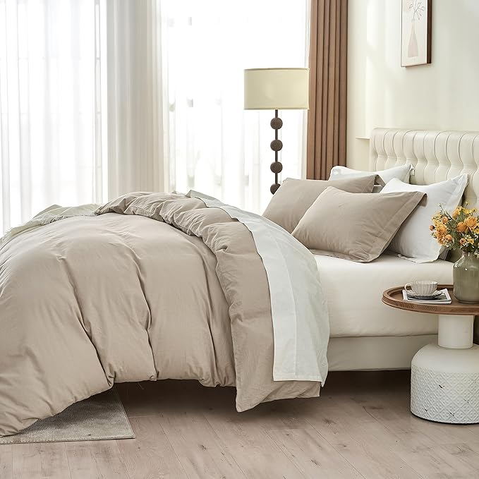 Simple&Opulence French Linen Duvet Cover Set 88" x 92"- 3 Pieces (1 Comforter Cover,2 Pillowcases)- Natural Flax Cotton Blend-Solid Color Breathable Farmhouse Bedding- Khaki, Queen